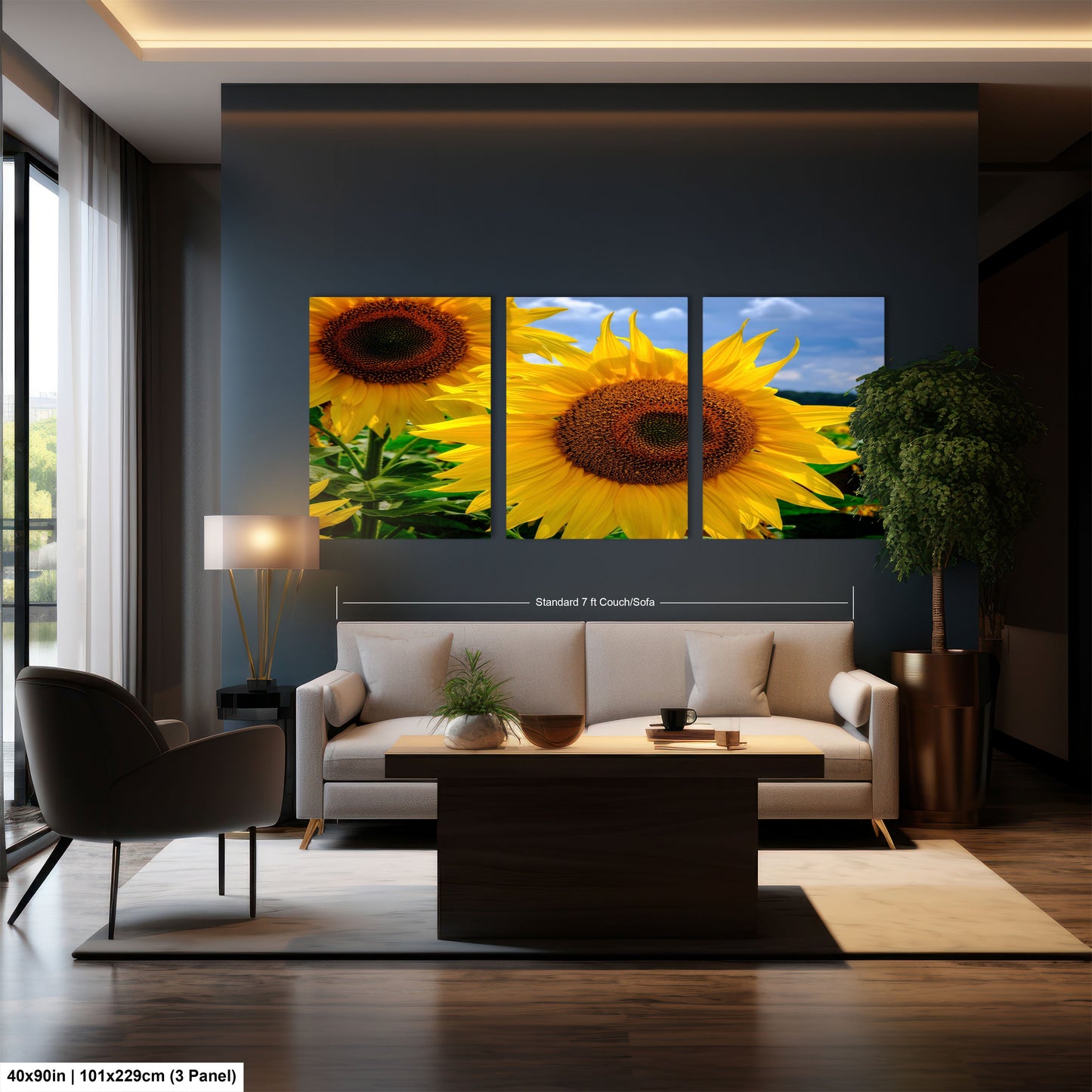 a living room filled with furniture and a painting of sunflowers