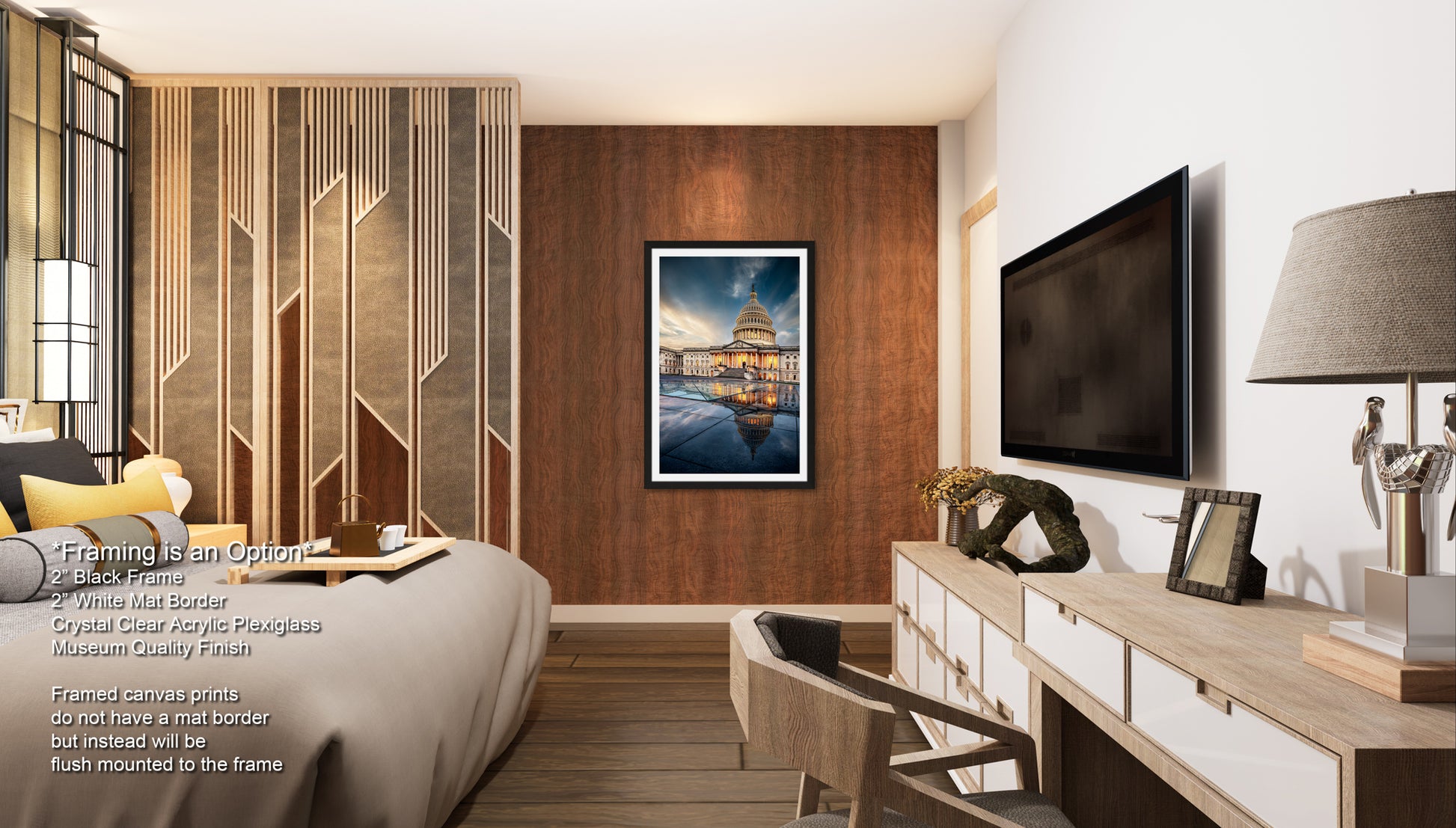 a bed room with a neatly made bed and a flat screen tv