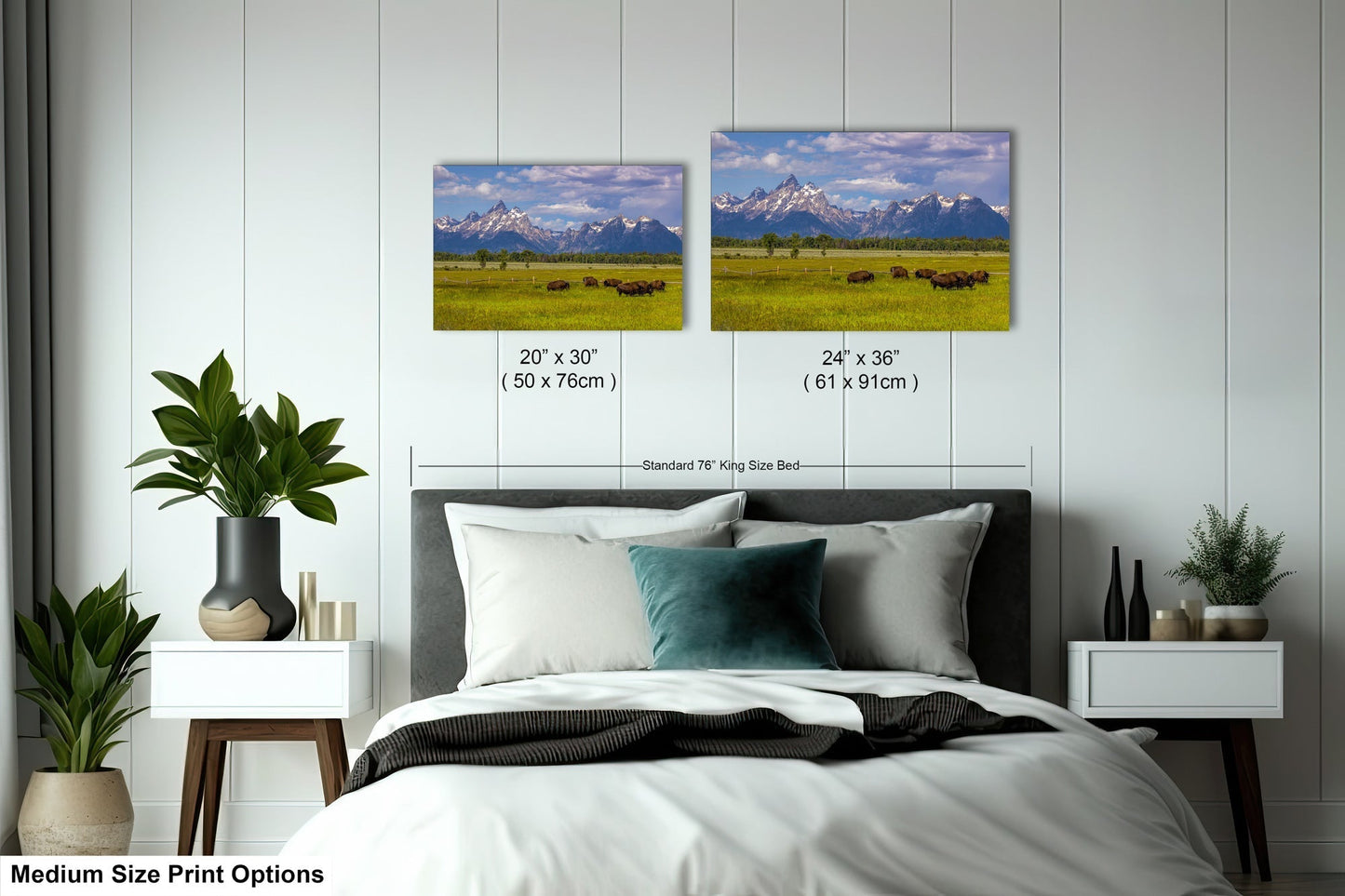 a bedroom with a bed and two pictures on the wall