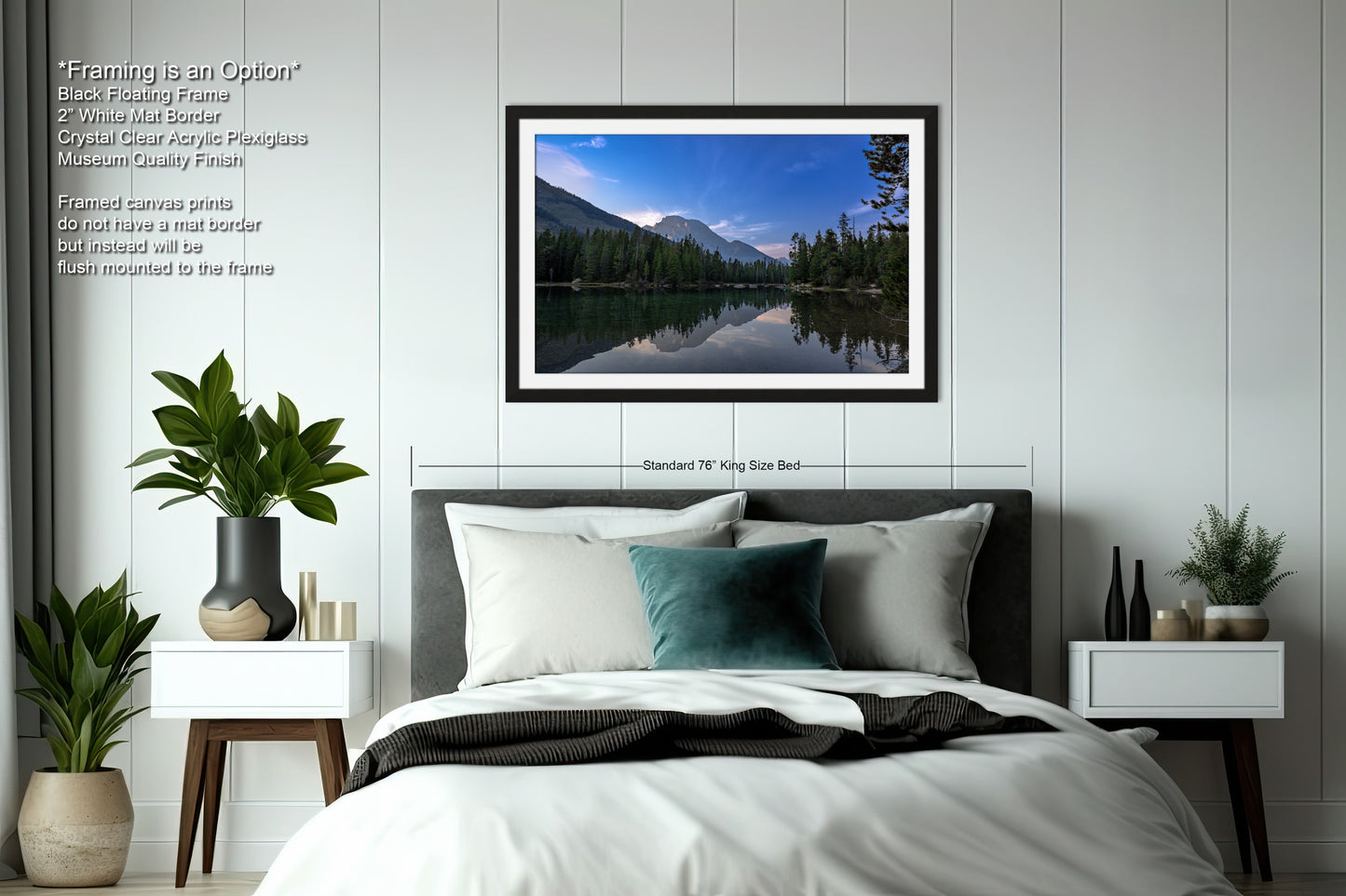 a bedroom with a large bed and a picture on the wall