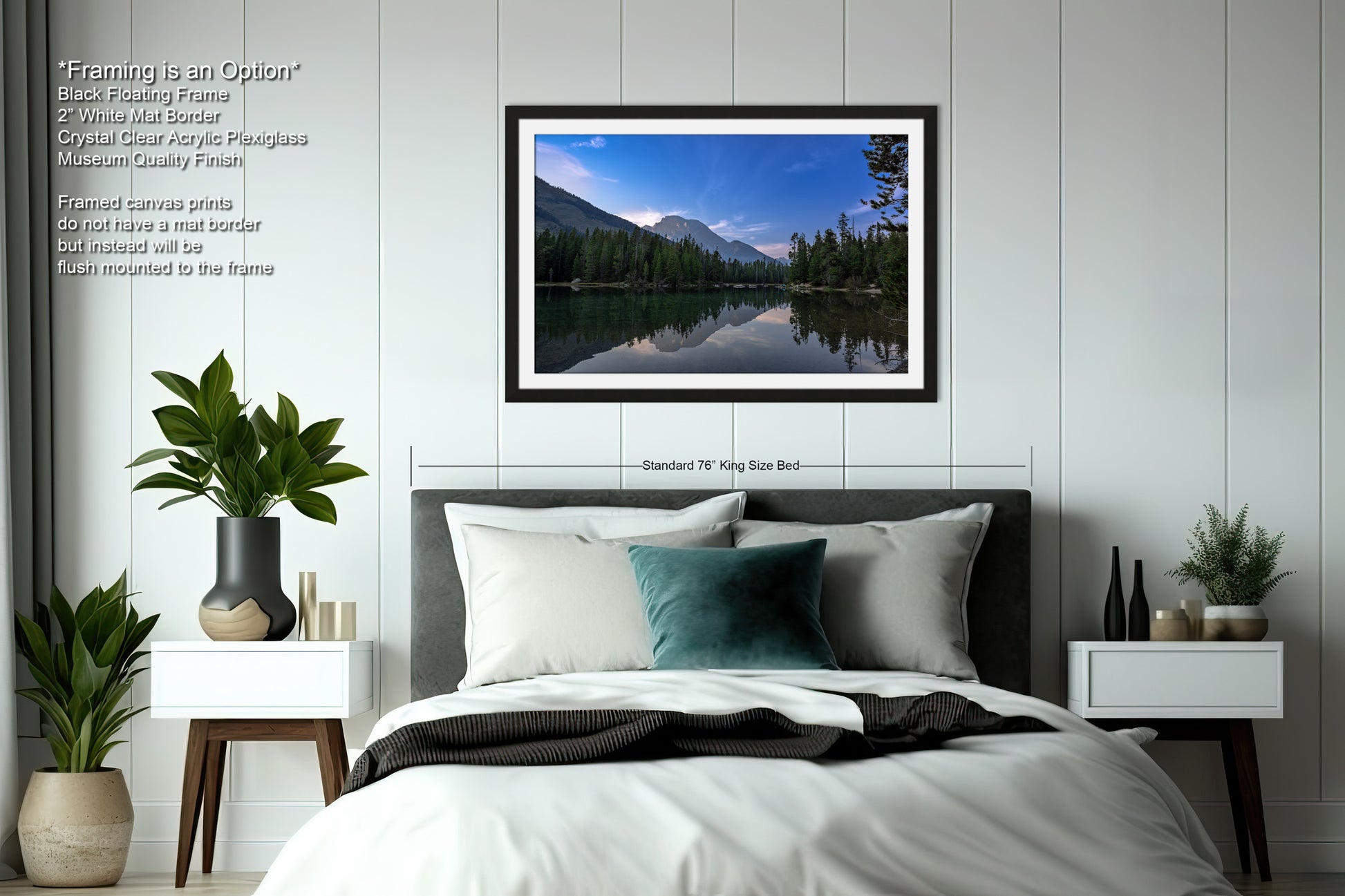 a bedroom with a large bed and a picture on the wall