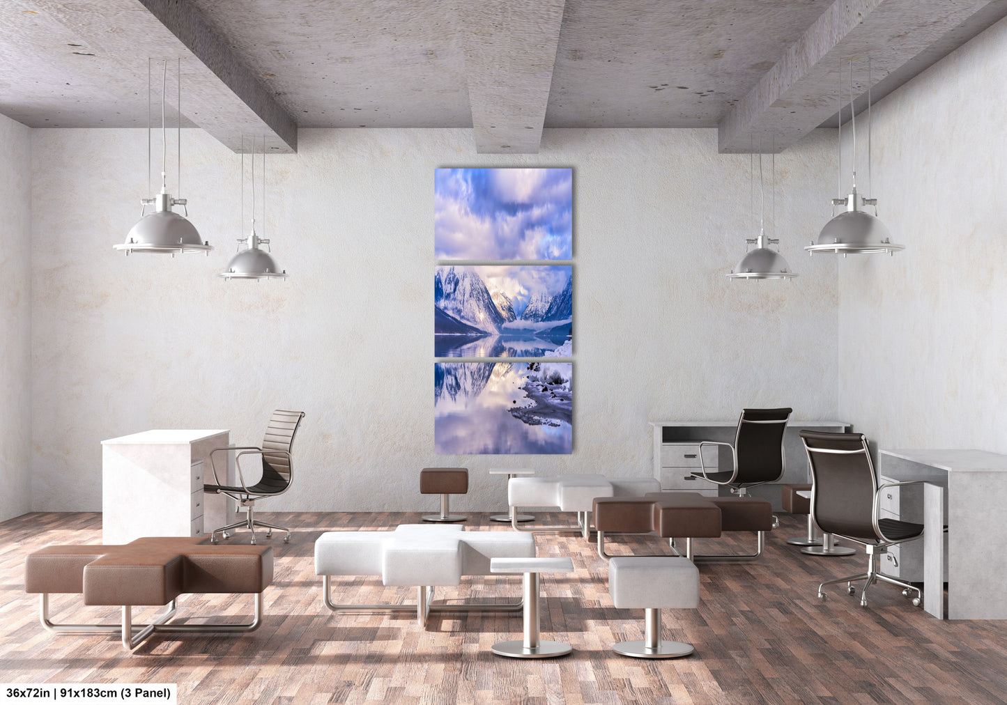 a room with a lot of chairs and a painting on the wall