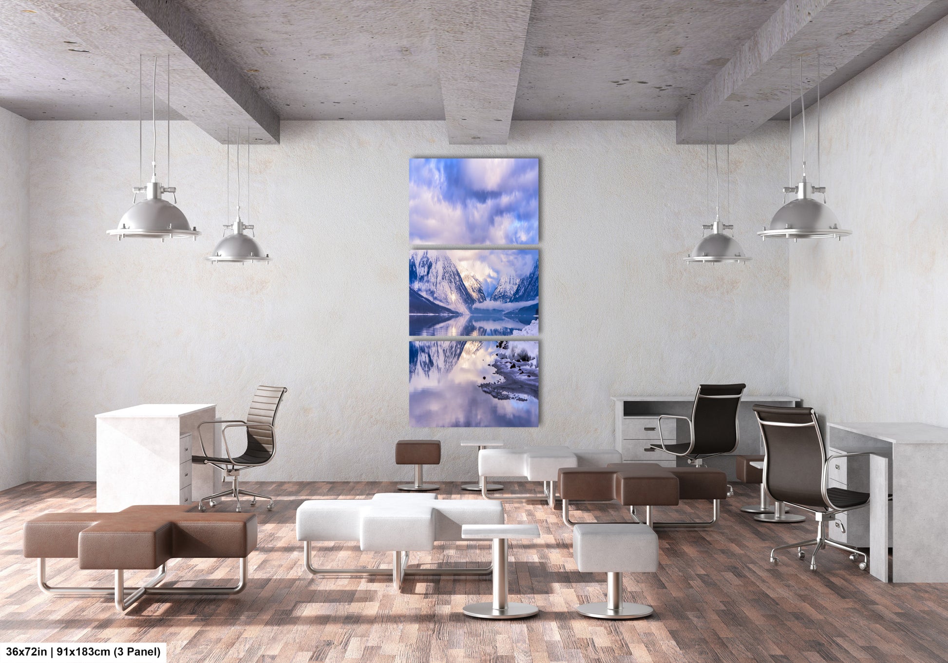 a room with a lot of chairs and a painting on the wall