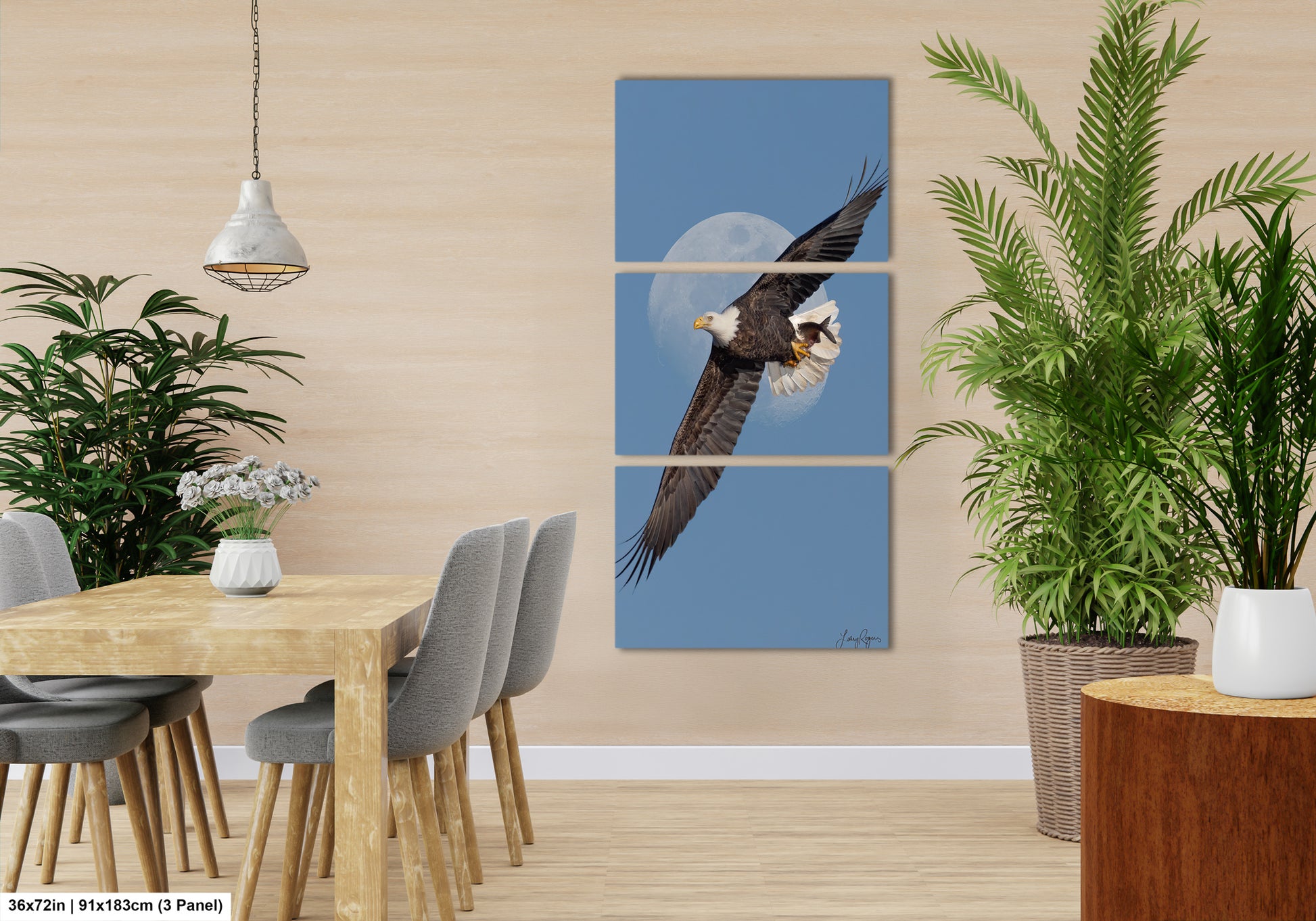 a modern dining room with a wooden table and chairs, a potted plant, and a large painting of a bald eagle in flight.