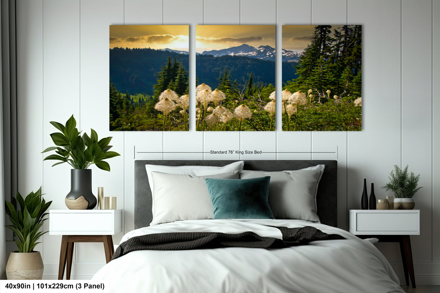 a bedroom scene with a bed and two paintings on the wall