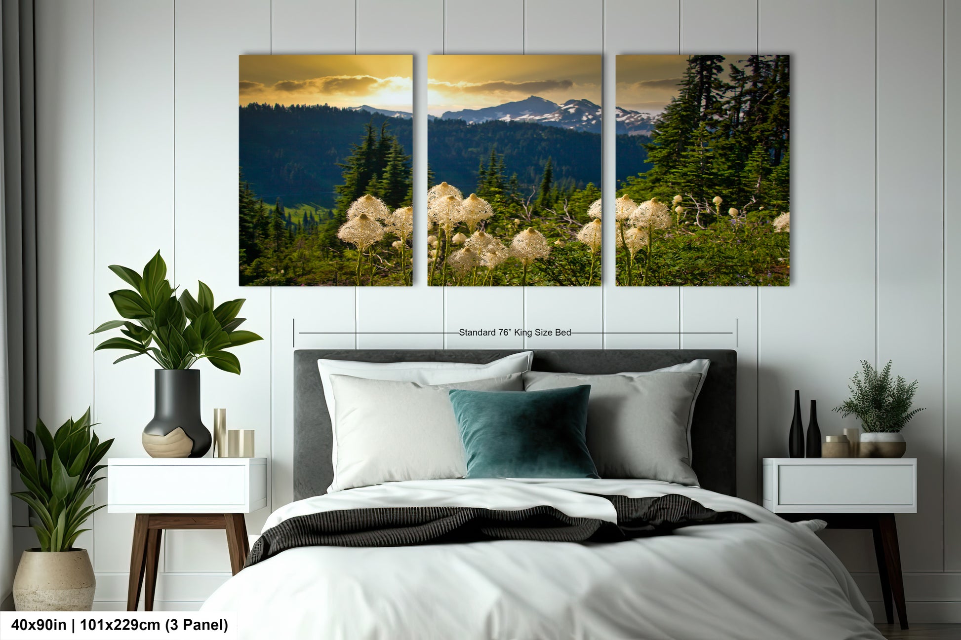 a bedroom scene with a bed and two paintings on the wall