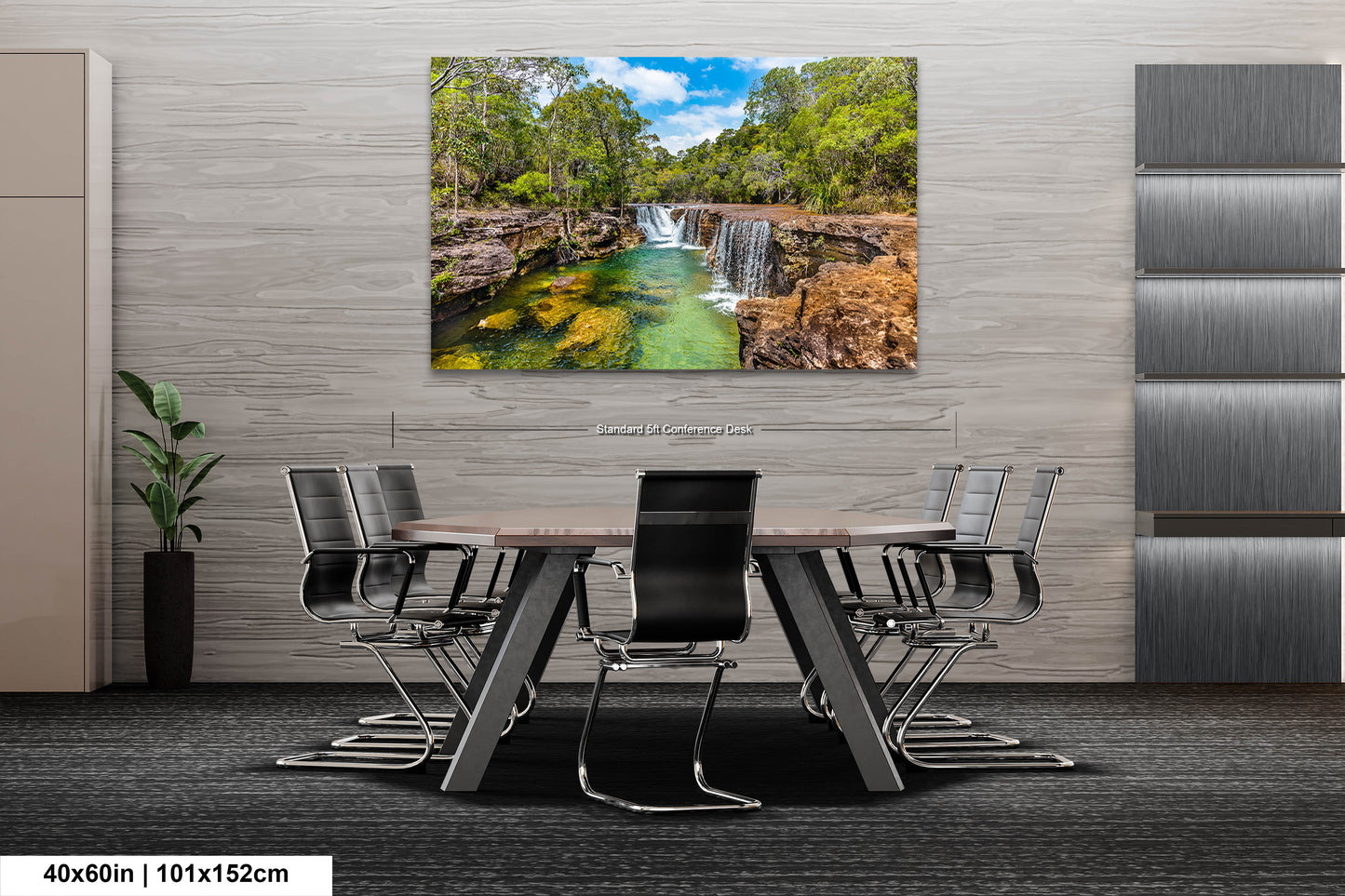 a painting of a waterfall in a dining room