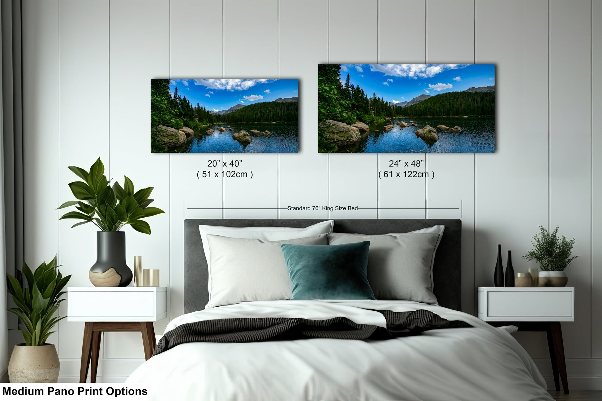 a bedroom with a bed, nightstands, and a large landscape painting hanging on the wall above the bed.