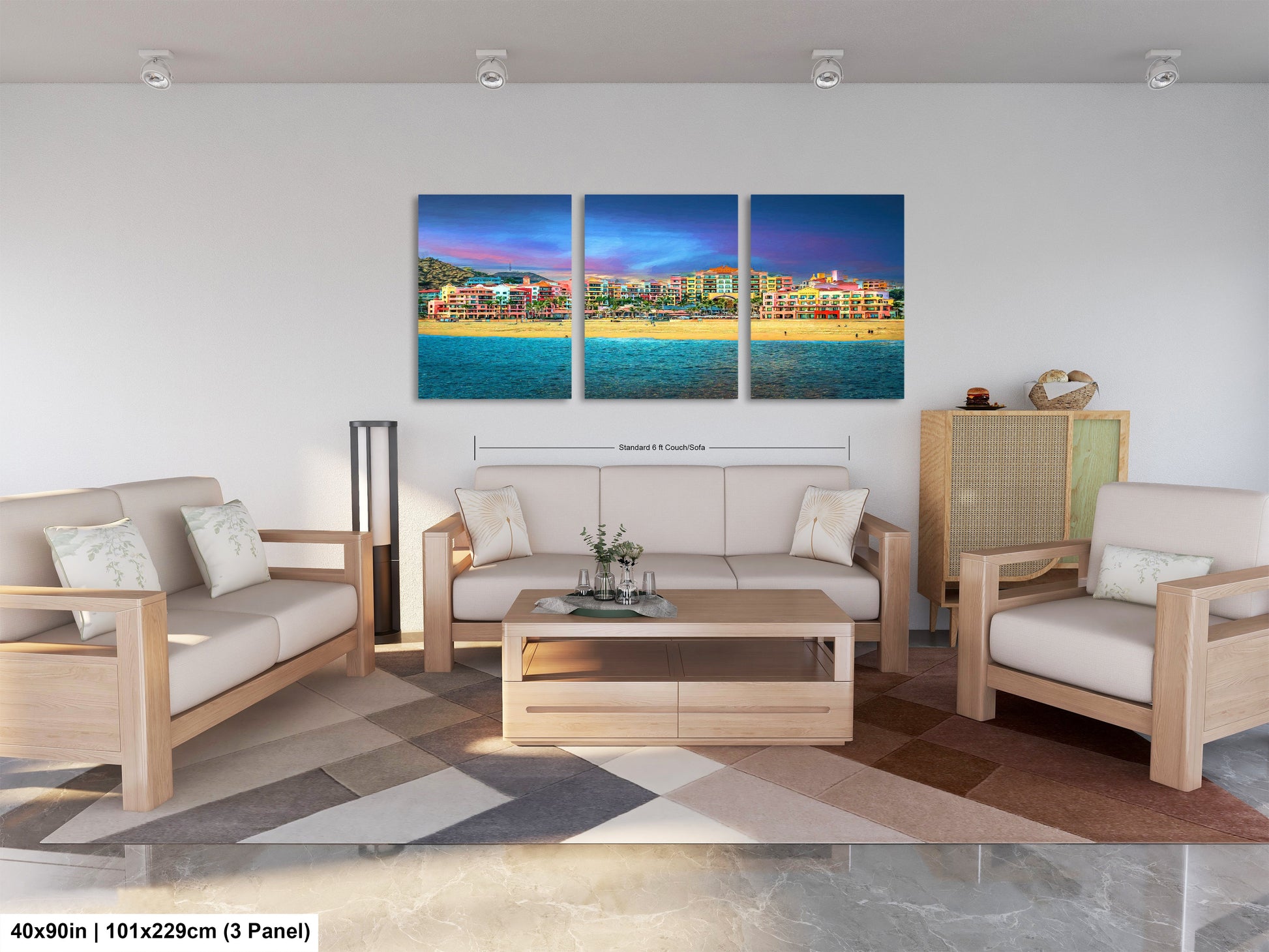 a living room filled with furniture and a painting on the wall