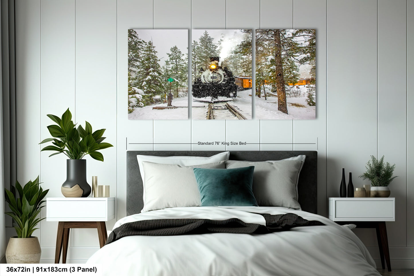 a bedroom scene with focus on the bed and a train on the tracks