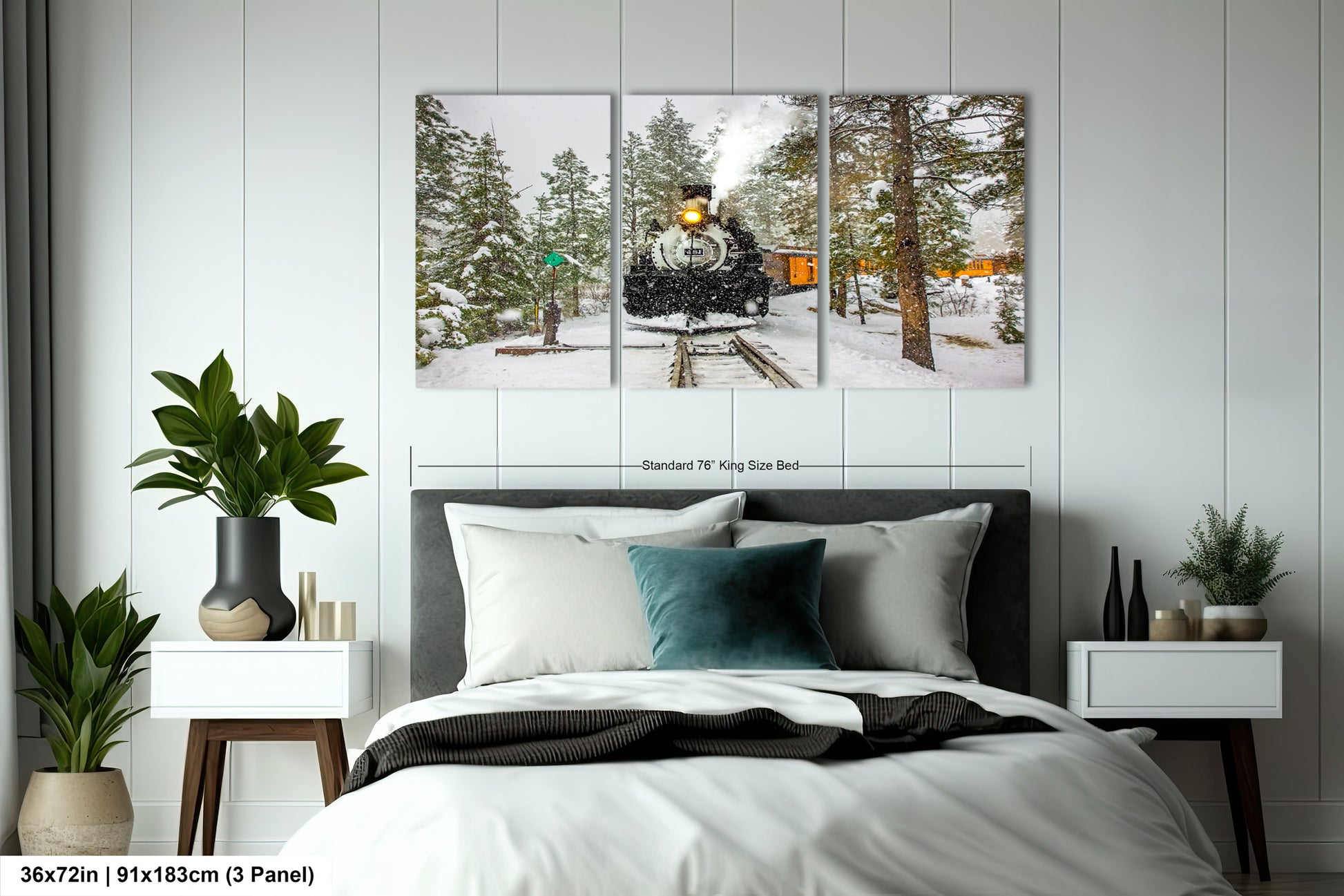 a bedroom scene with focus on the bed and a train on the tracks