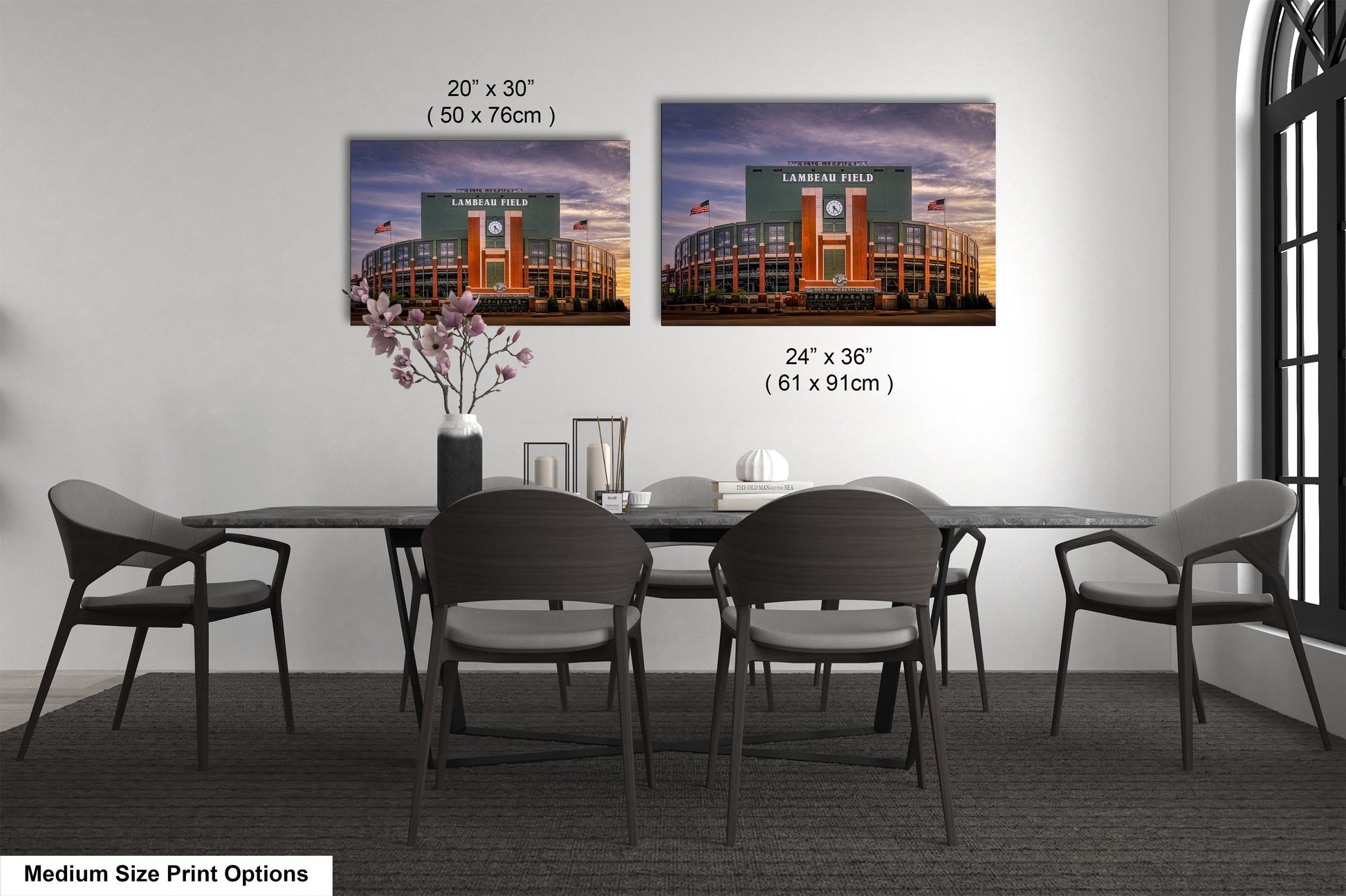 a dining room table with chairs and a vase of flowers