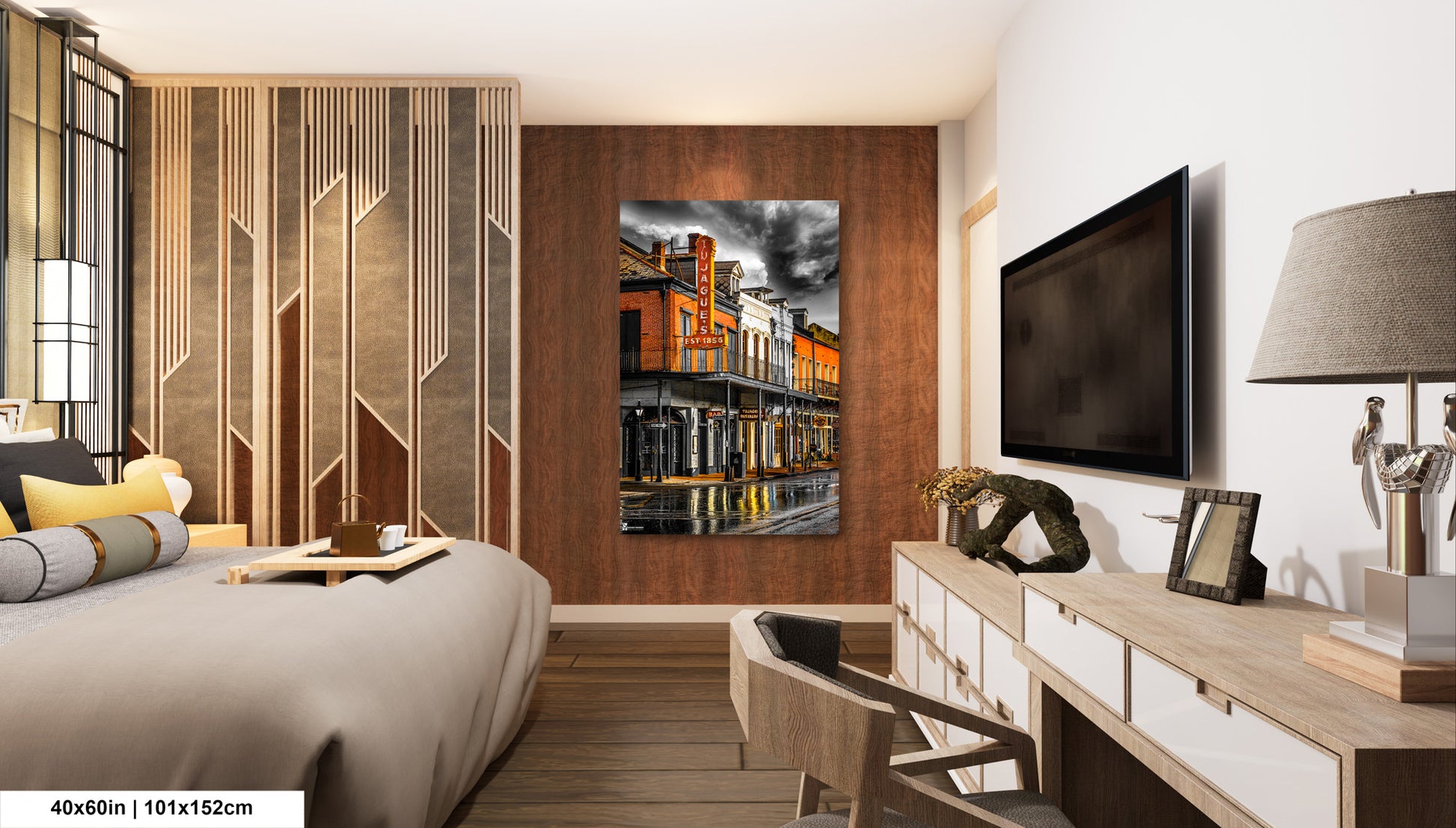 a bed room with a neatly made bed and a flat screen tv