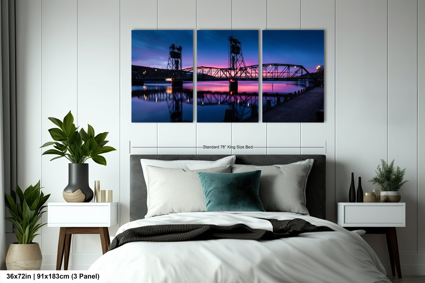 a bedroom with a bed and a painting on the wall