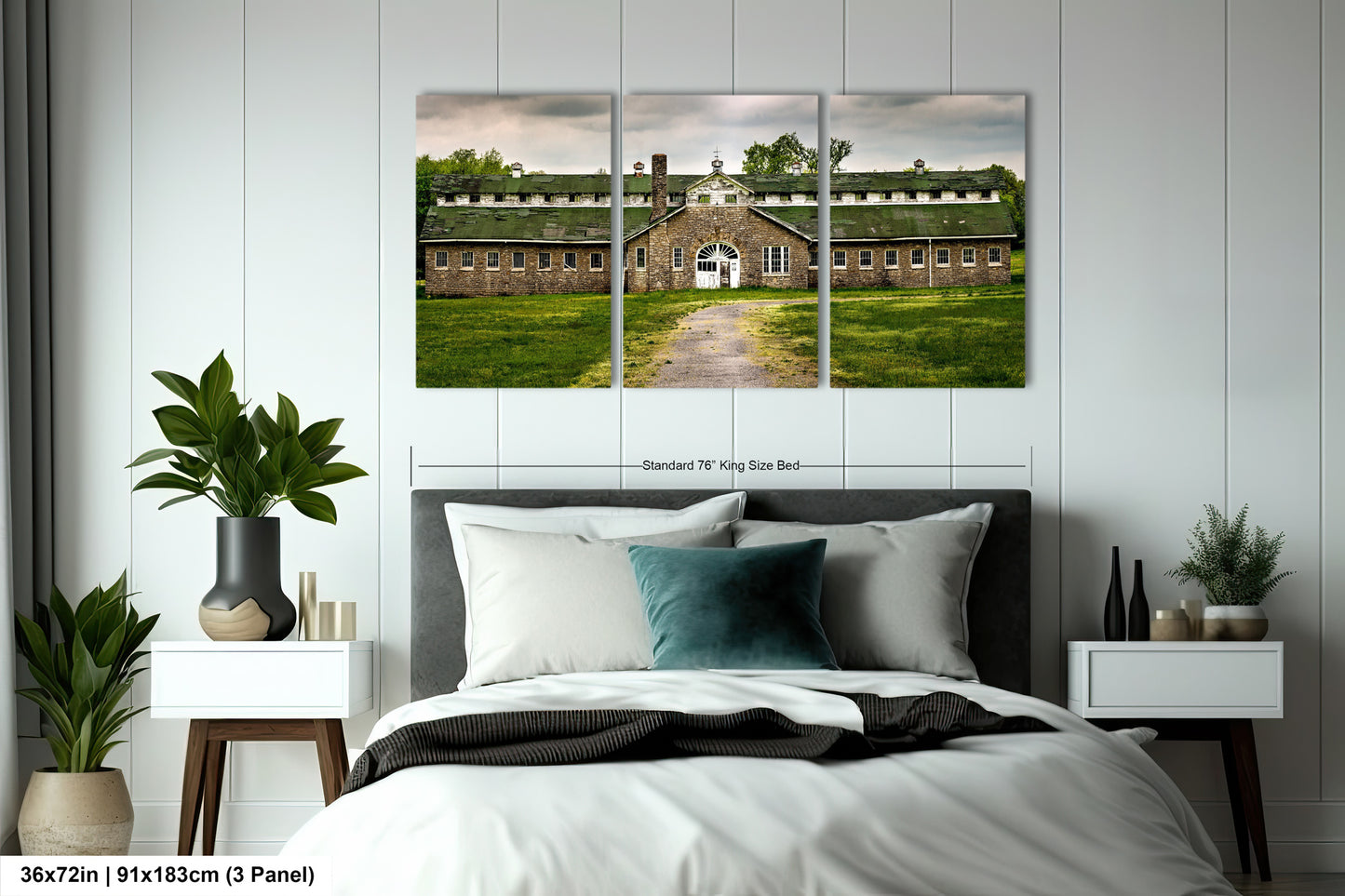 a bedroom scene with a bed and two paintings on the wall