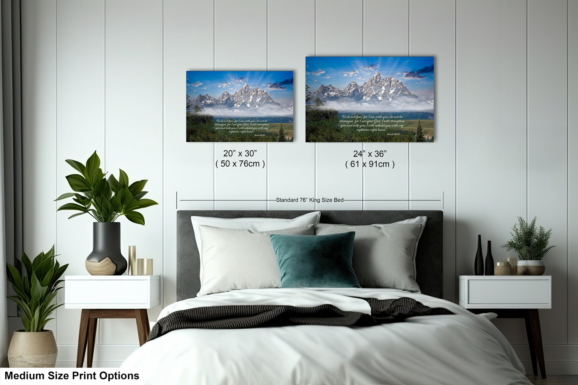 a bedroom with a bed and two pictures on the wall