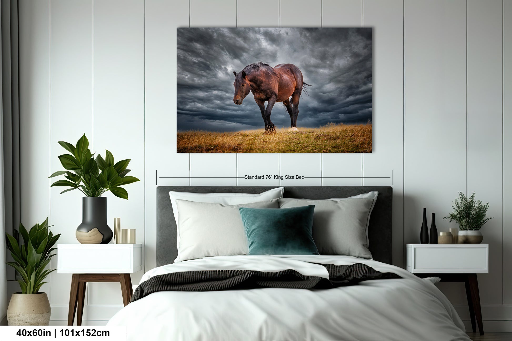 a horse standing in a field under a stormy sky