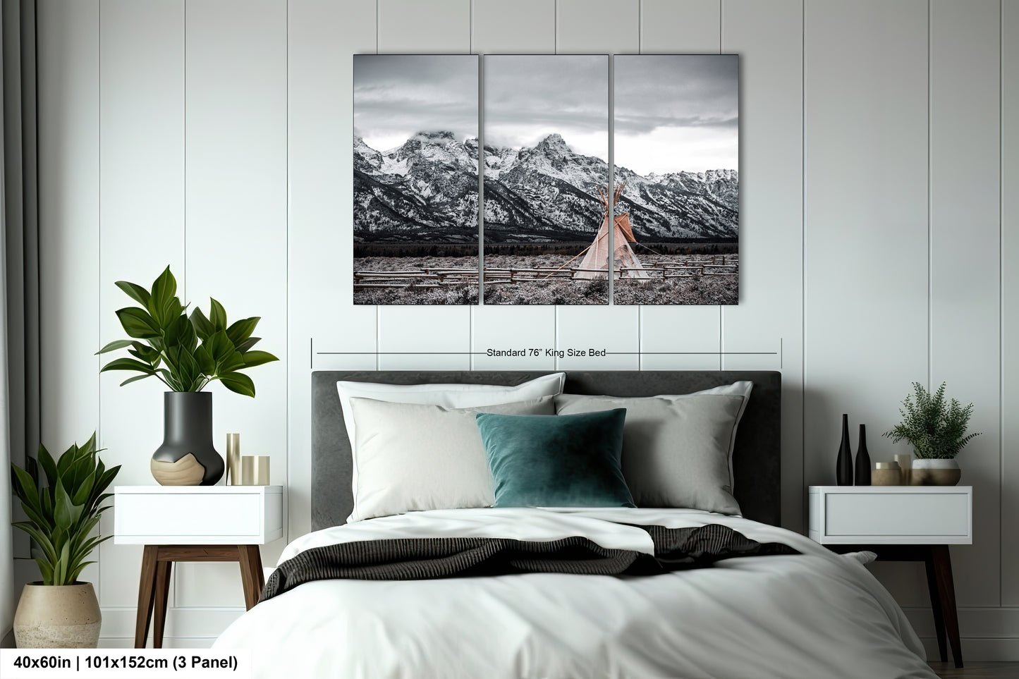 a bedroom scene with a bed and a large picture on the wall