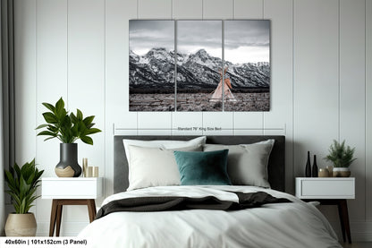 a bedroom scene with a bed and a large picture on the wall