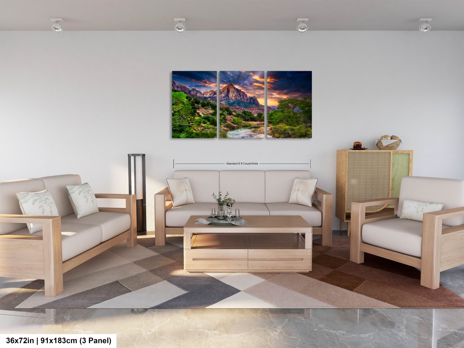 a living room filled with furniture and a painting on the wall