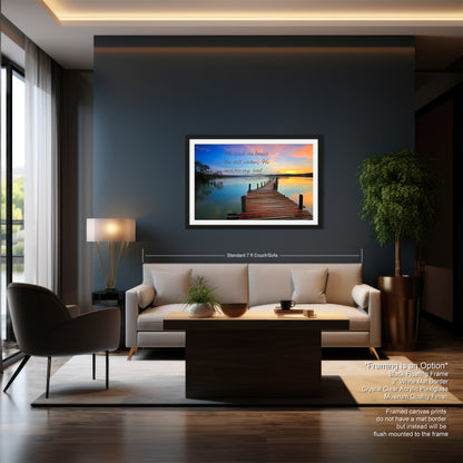 a living room with a couch a table and a painting