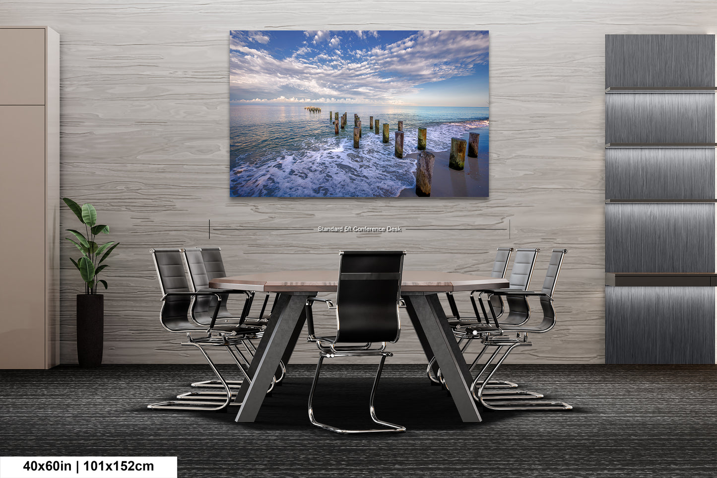 a dining room table with chairs and a painting on the wall