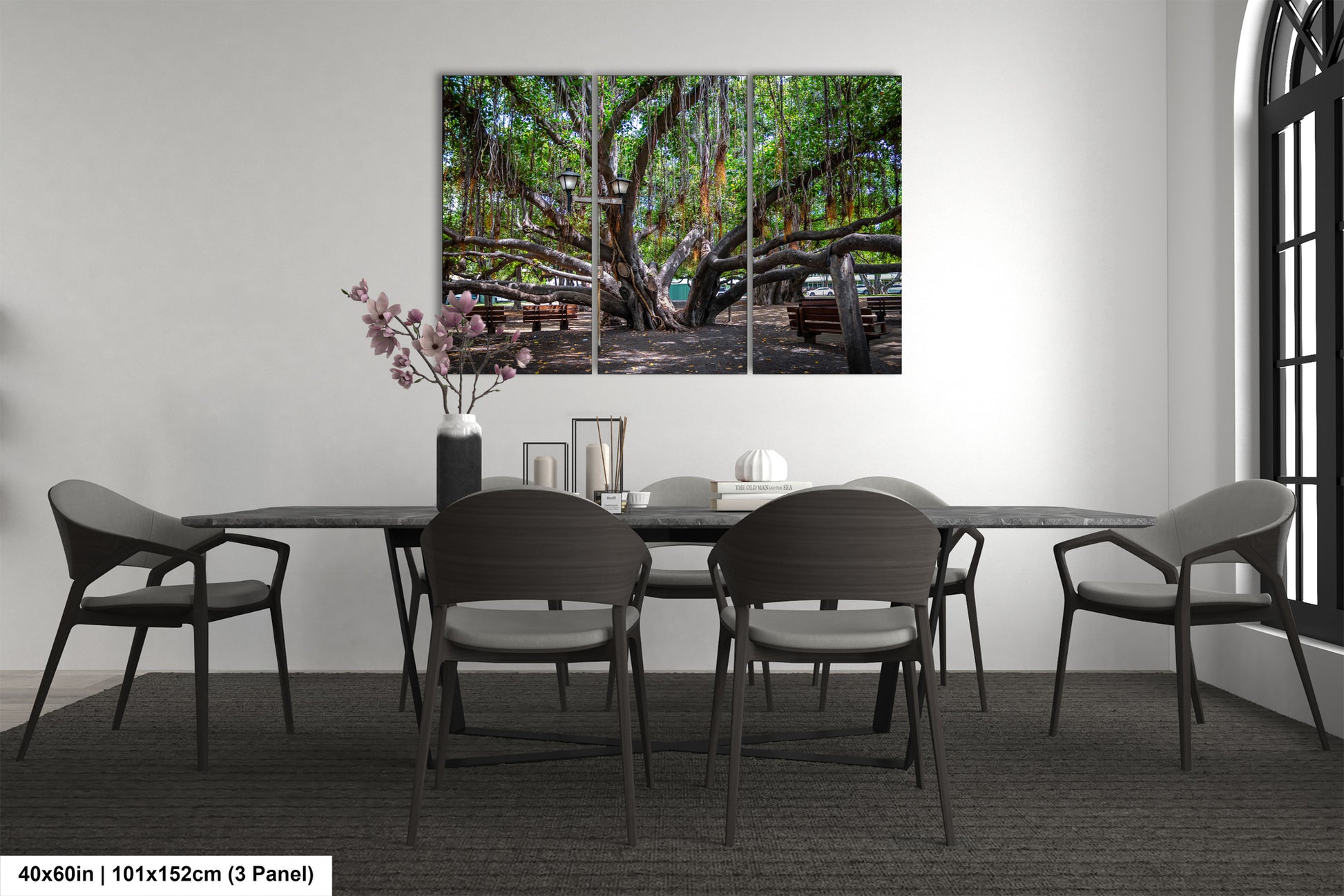 a dining room with a table and chairs