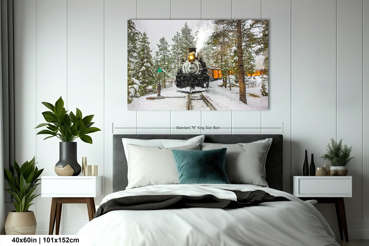 a bed room with a neatly made bed and a painting on the wall