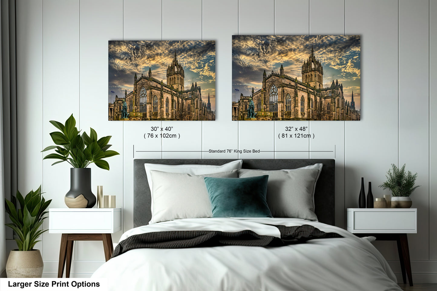 a bedroom with a bed and two pictures on the wall