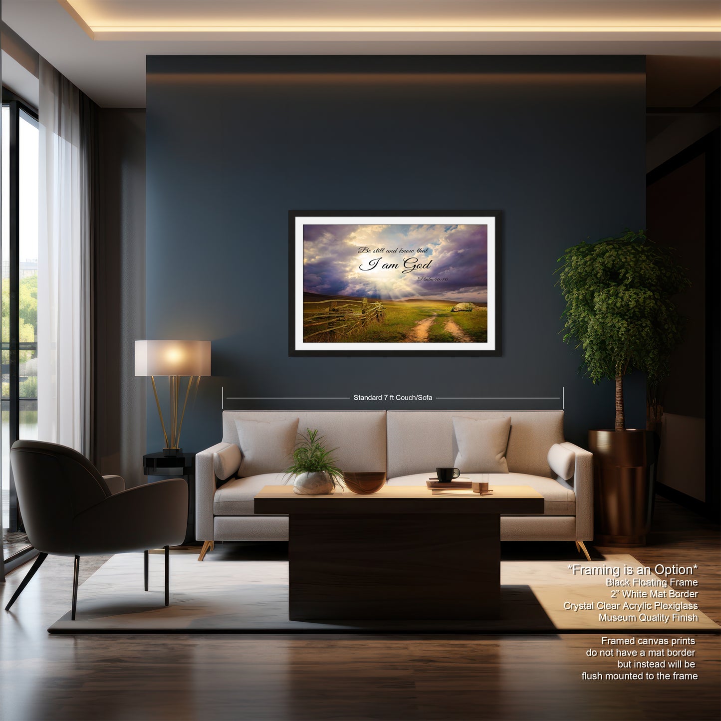 a living room with a couch a chair and a painting