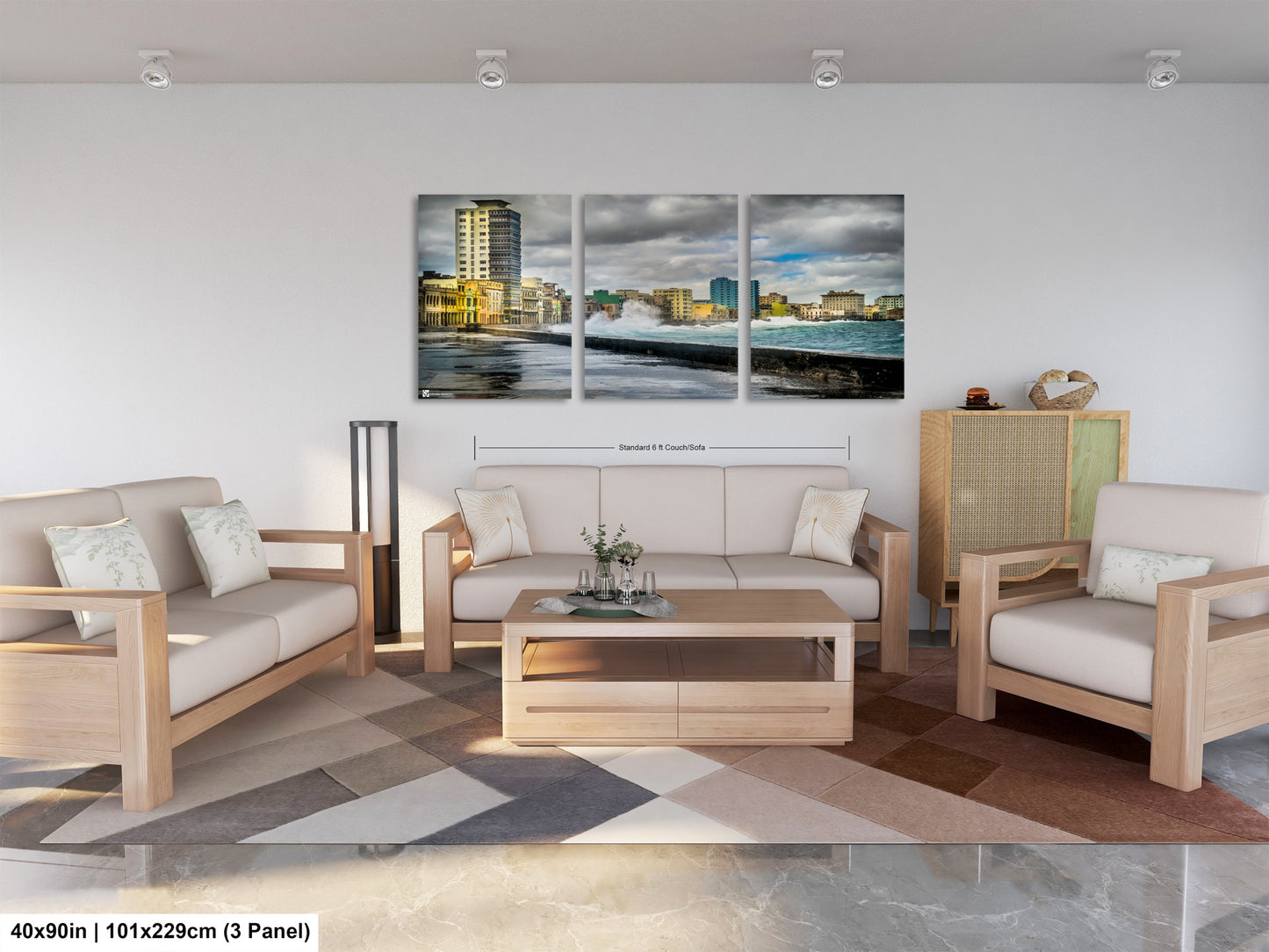 a living room filled with furniture and a painting on the wall