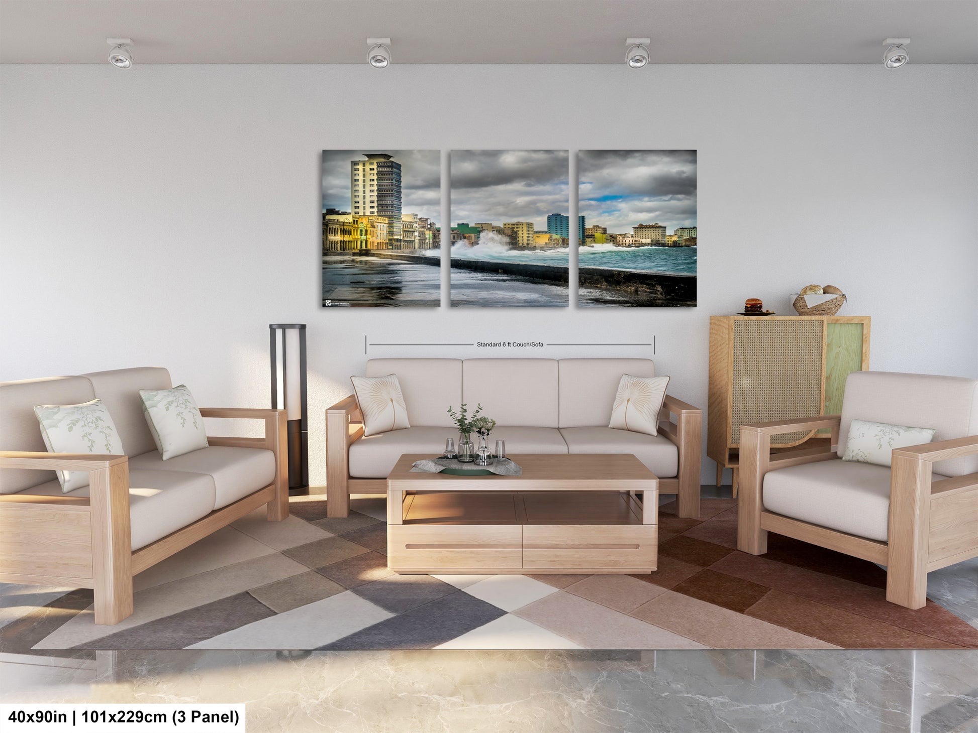a living room filled with furniture and a painting on the wall