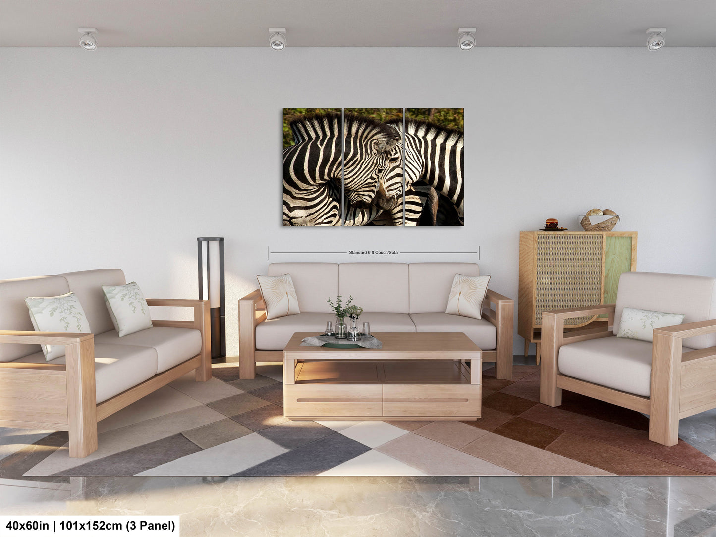 a living room with two zebras standing next to each other