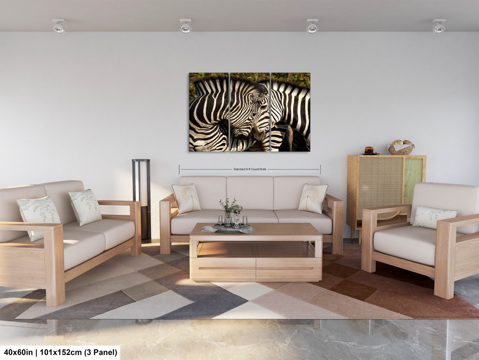 a living room with two zebras standing next to each other