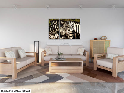a living room with two zebras standing next to each other