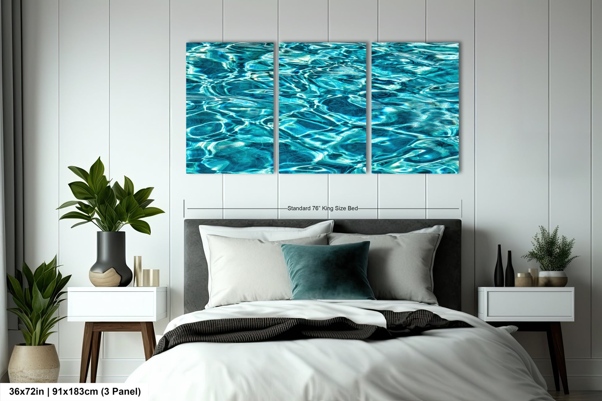 A modern bedroom with a large bed, nightstands, and a large wall art piece depicting a serene body of water.