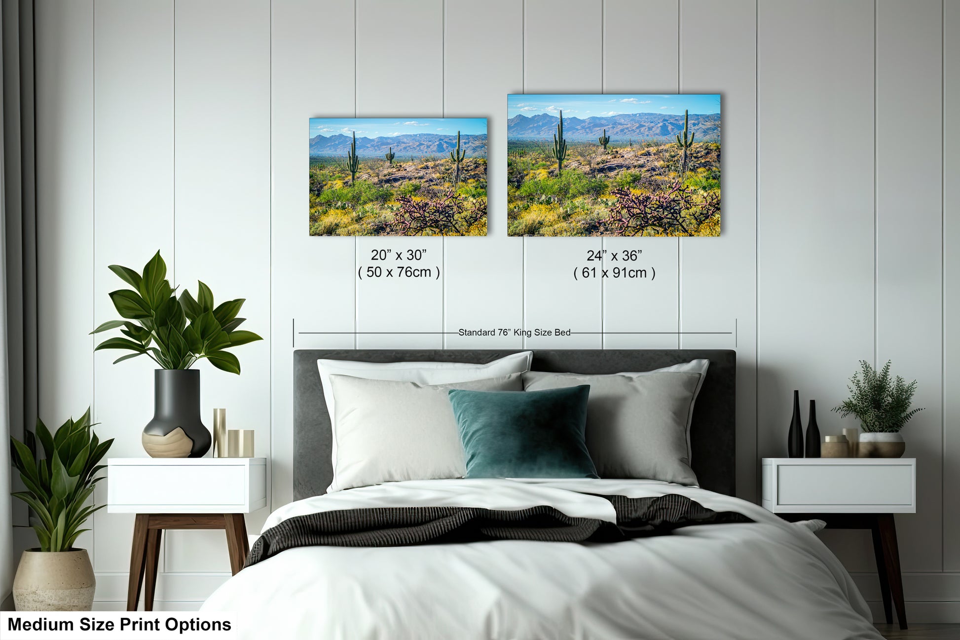 a bedroom with a bed, nightstands, and potted plants. There are two framed landscape photographs hanging on the wall above the bed, depicting a desert scene with mountains in the background.