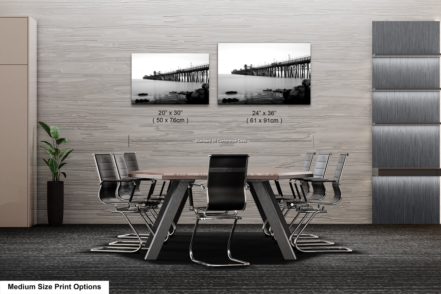 a dining room table with chairs and a picture of a bridge