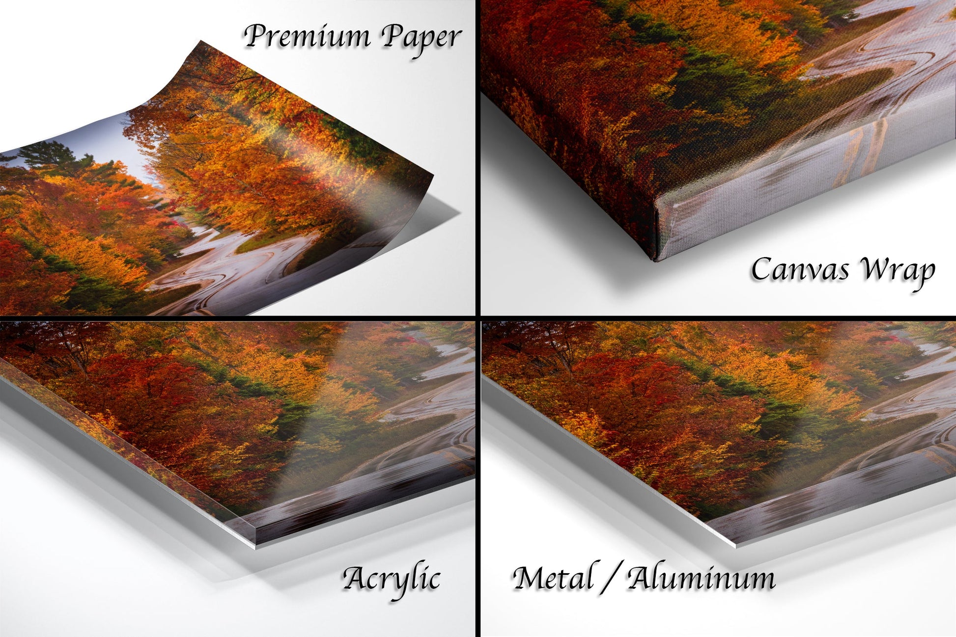 a series of four photos of a scenic fall scene