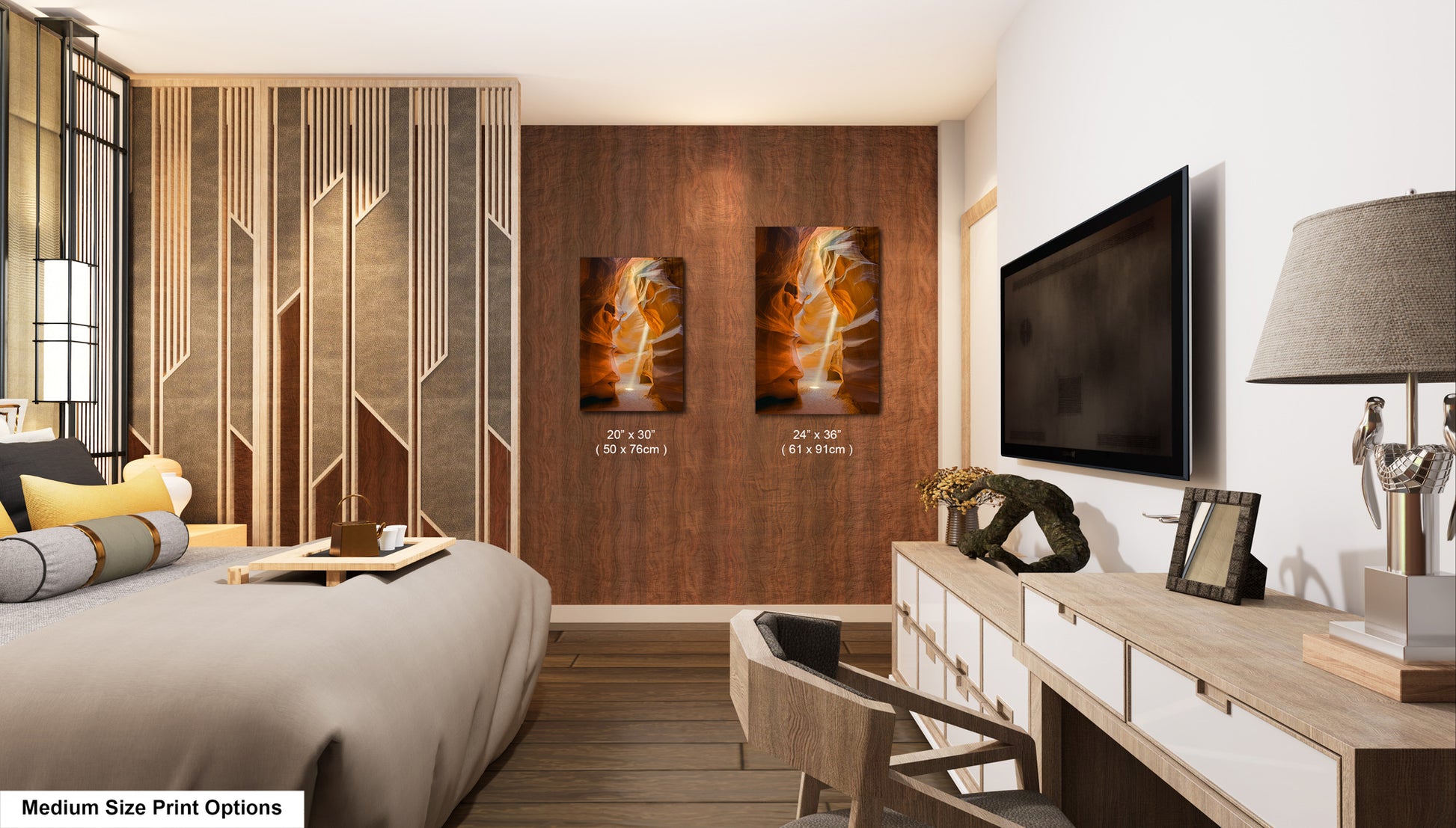 a bed room with a neatly made bed and a flat screen tv