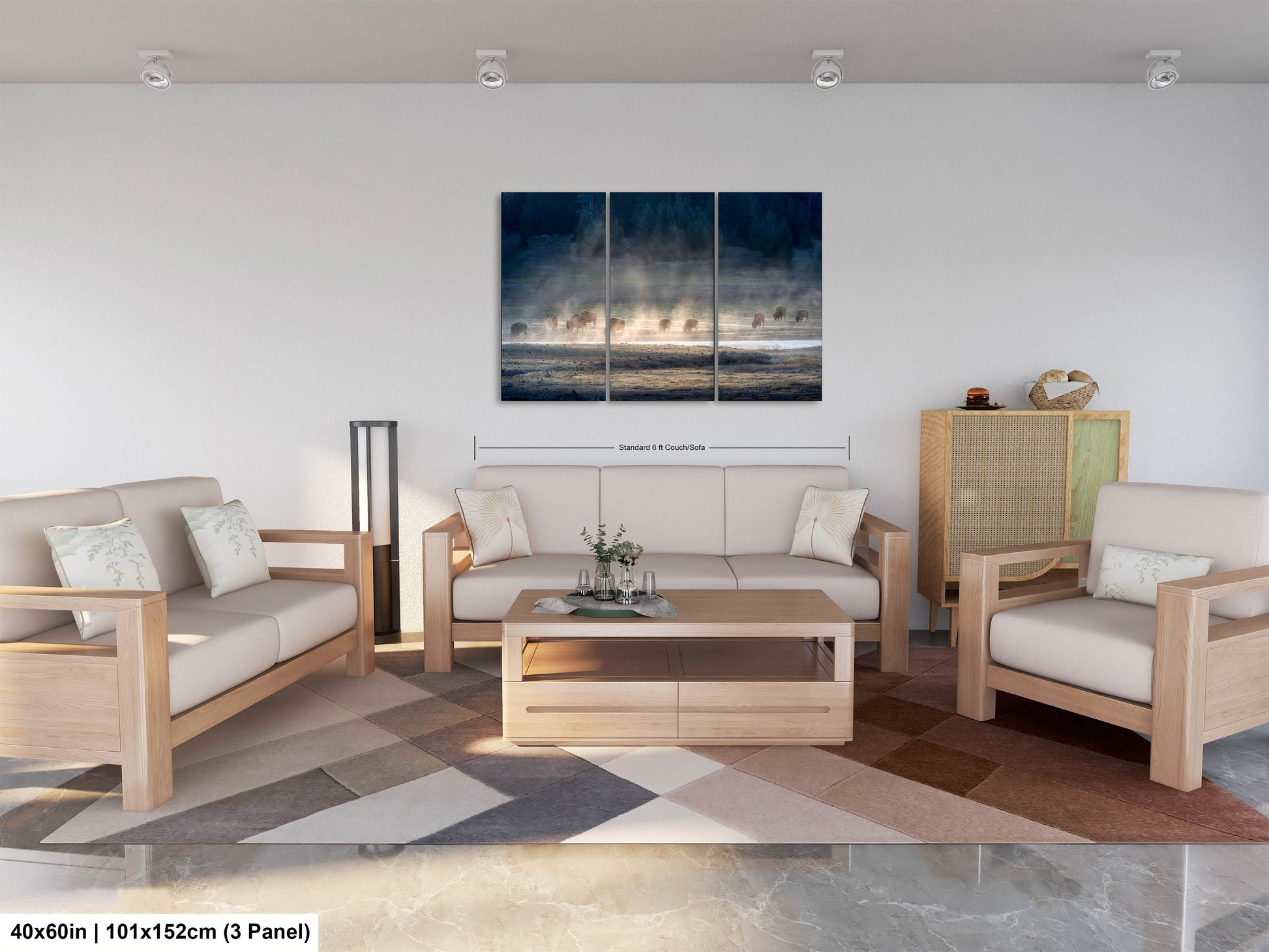 a living room filled with furniture and a painting on the wall