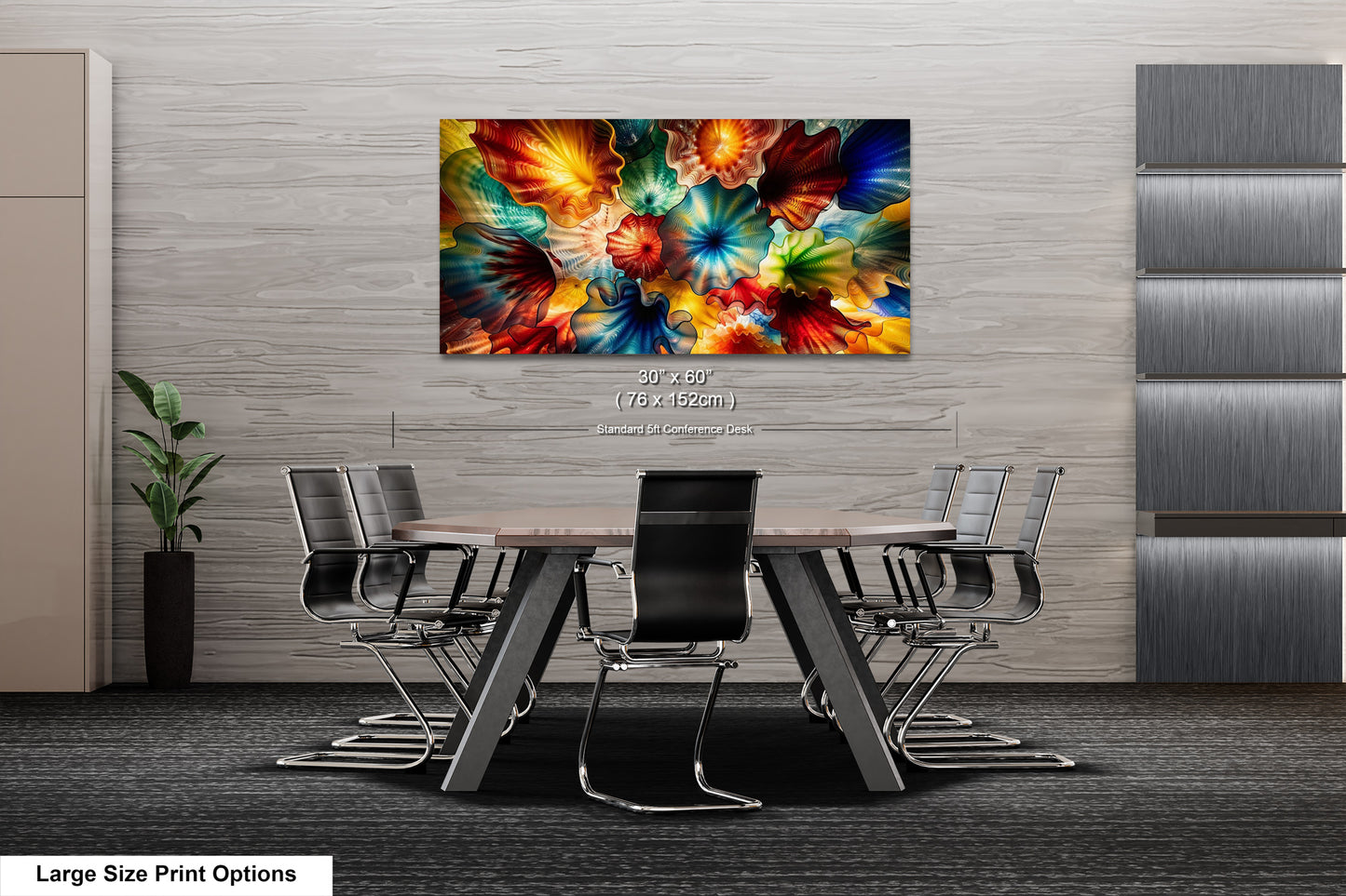a modern office space with a large, colorful abstract painting hanging on the wall above a wooden table surrounded by chairs.