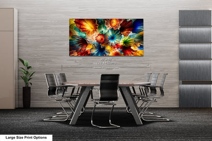a modern office space with a large, colorful abstract painting hanging on the wall above a wooden table surrounded by chairs.