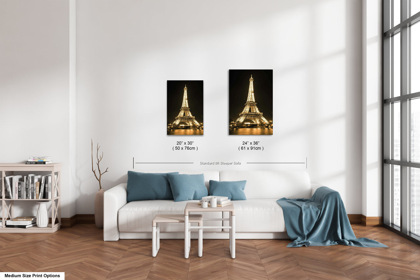 a living room with two pictures of the eiffel tower