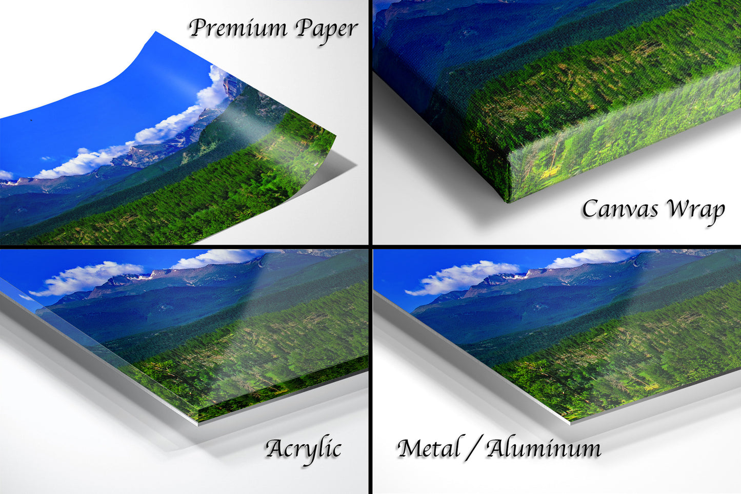 a series of four photos of a mountain range