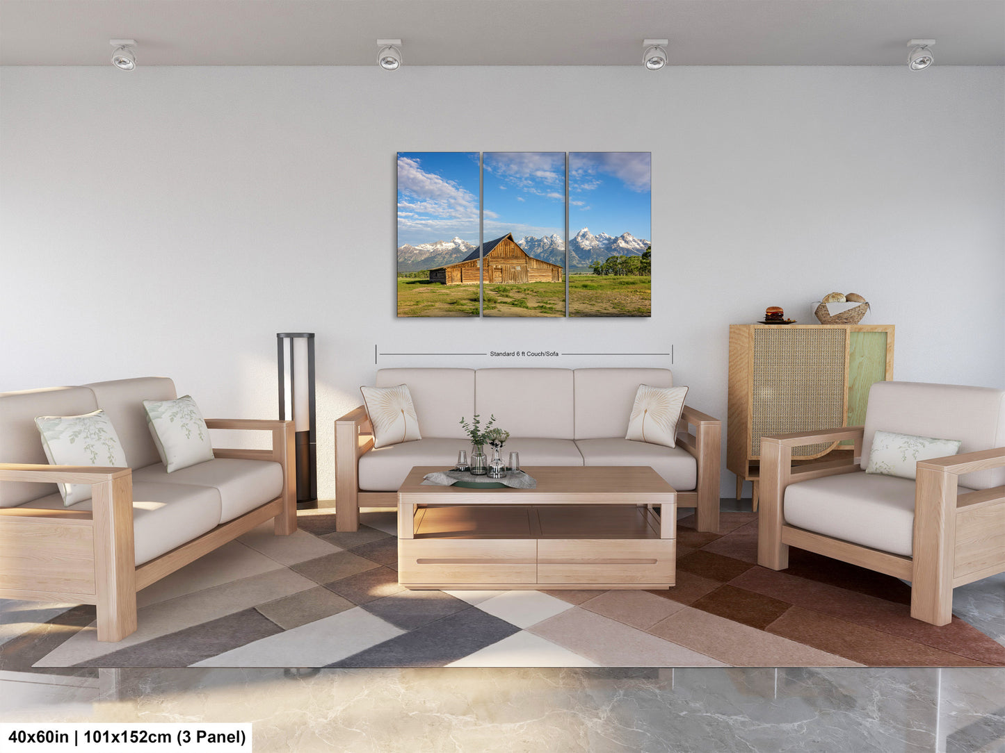 a living room filled with furniture and a painting on the wall