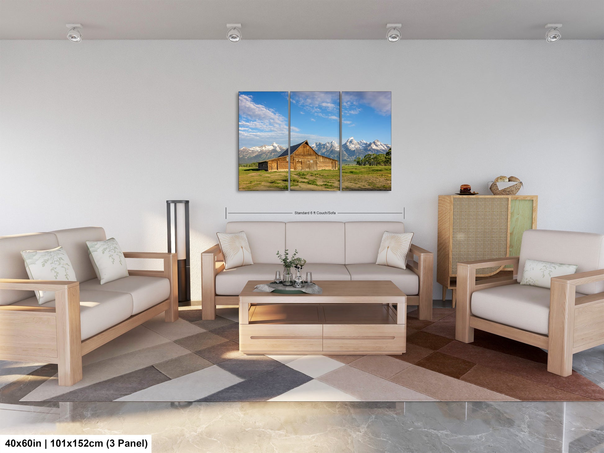 a living room filled with furniture and a painting on the wall
