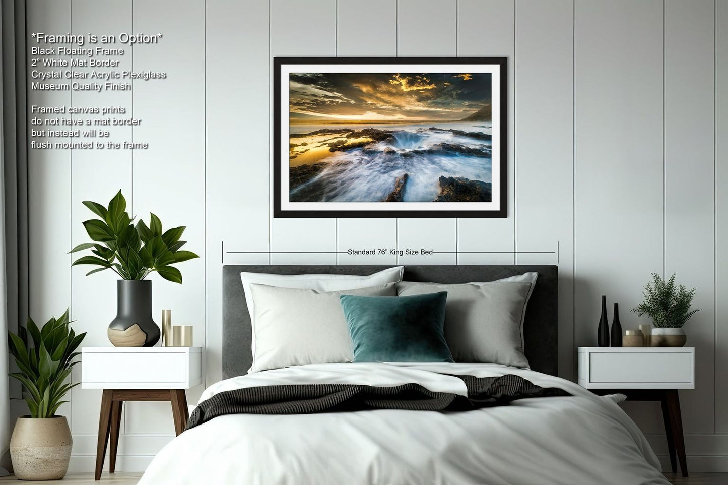 a bedroom with a bed and a picture on the wall