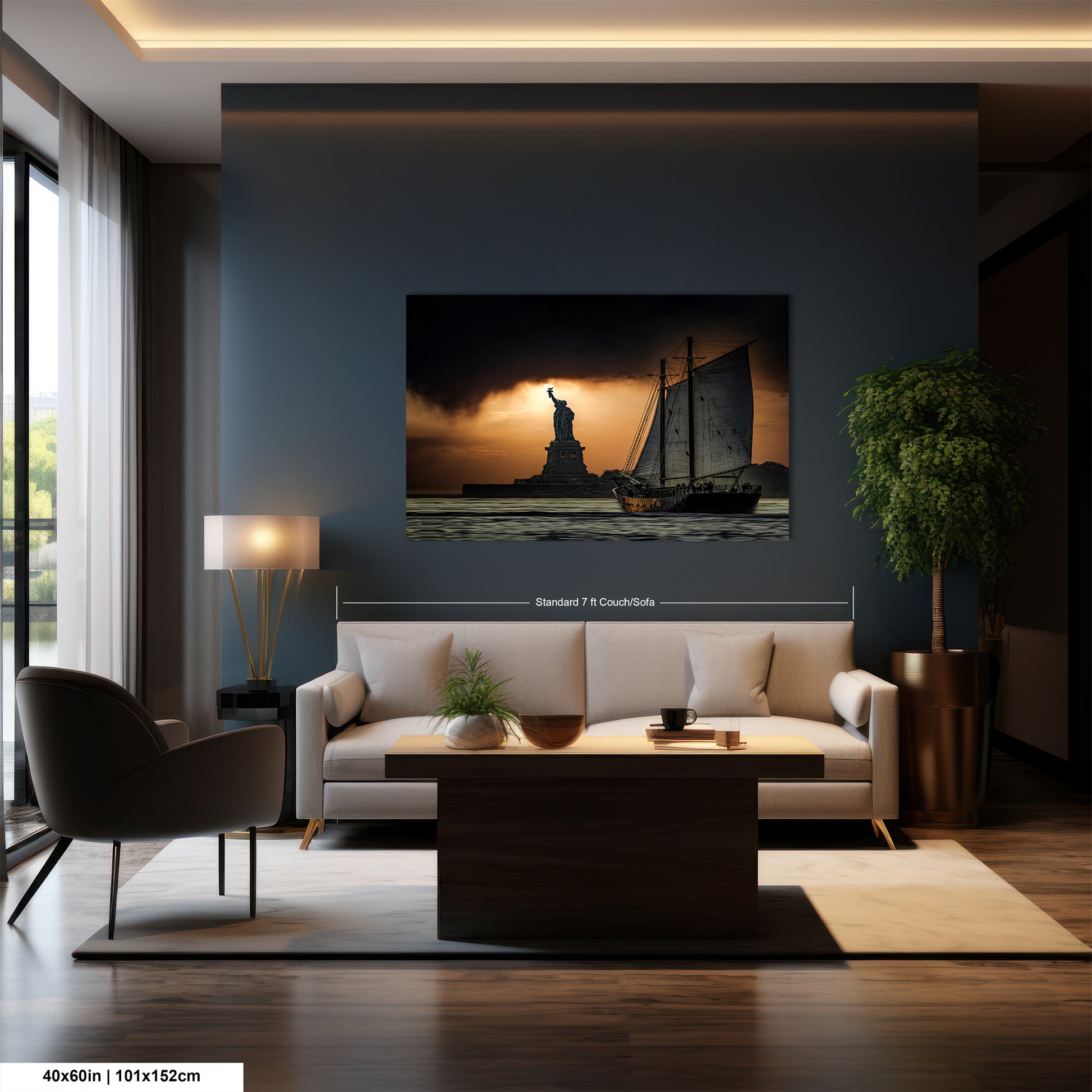 a living room filled with furniture and a painting on the wall