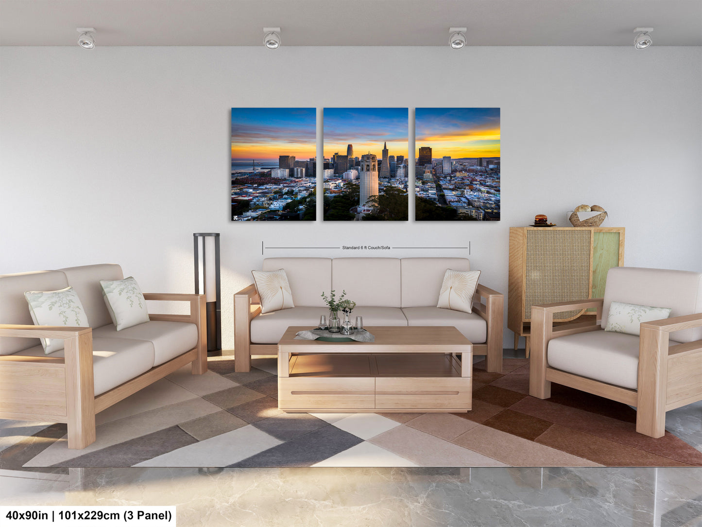 a living room filled with furniture and a painting on the wall